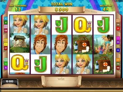 multiple Jack and Jill symbols triggers an 8500 coin big win during the free spins feature