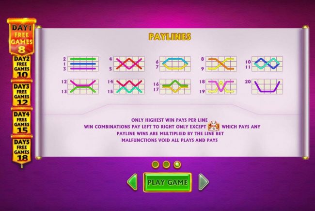 Payline Diagrams 1-20. Only highest win pays per line. Win combinations pay left to right. Payline wins are multiplied by the line bet.