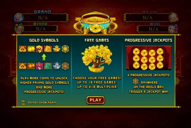 Game features include: Gold Symbols, Free Games and Progressive Jackpots.