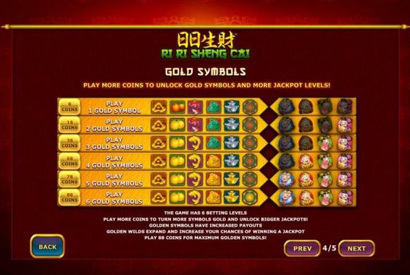 Gold Symbols - Play more coins to unlock gold symbols and more jackpot levels.
