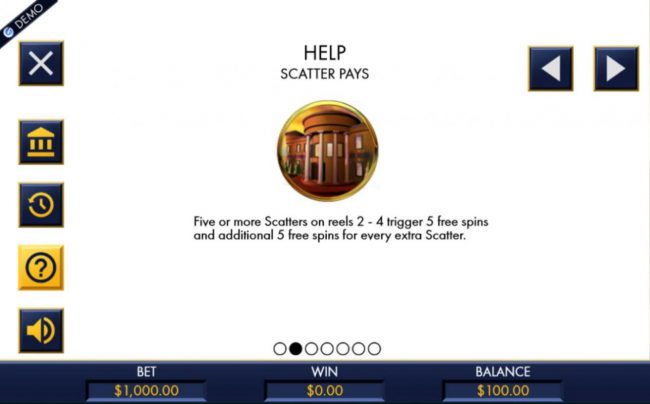 The Mansion is the games scatter symbol and five or more on reels 2-4 trigger 5 free spins and additional 5 free spins for every extra scatter.