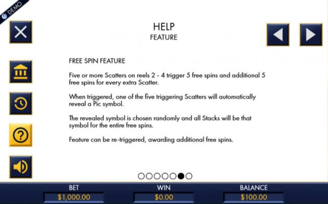 Five or more scatters on reels 2 - 4 trigger 5 free spins and additional 5 free spins for every extra scatter.