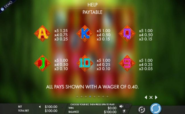 Low value game symbols paytable.
