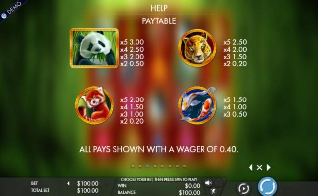 High value slot game symbols paytable featuring Asian animal inspired icons.