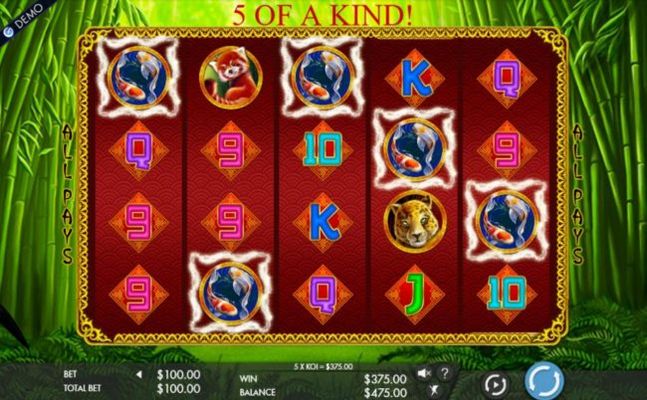 Koi Fish five of a kind triggers a 365.00 payout.