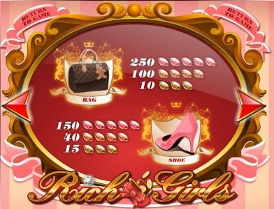 slot game bag and shoe symbols paytable