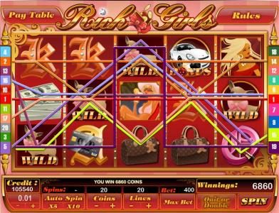 a 6860 coin big win triggered by multiple winning paylines