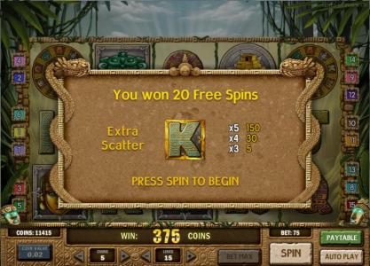20 free spins and the extra scatter symbol is the K symbol