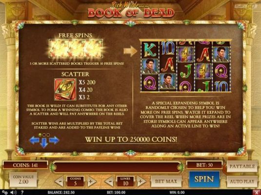 The scatter symbol is represented by the book and 3 or more scattered books trigger 10 free spins. The book is wild! It can substitute for any other symbol to form a winning combo.