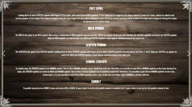 Free Spins, Wild Symbol, Scatter Symbol, Symbol Stacked and Gamble Feature Rules