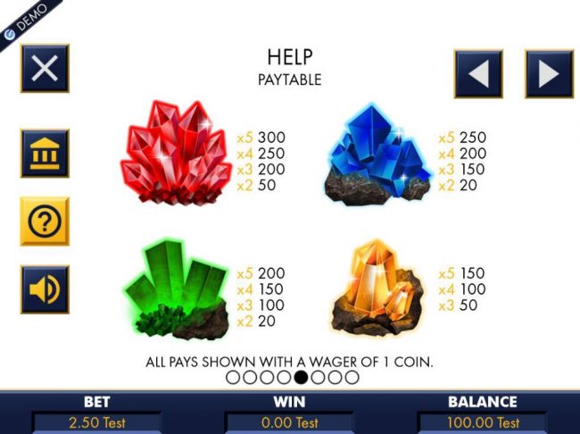 High value slot game symbols paytable featuring gem inspired icons.