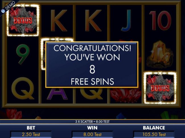 Three scatters awards player with 8 free spins.