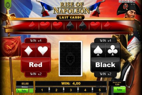 Gamble Feature - To gamble any win press Gamble then select Red or Black or Suit