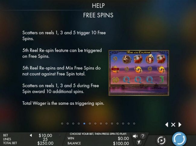 Free Spins - Scatters on reels 1, 3 and 5 trigger 10 free spins. 5th reel Re-spin feature can be triggered on free spins. Free Spins can be re-triggered.