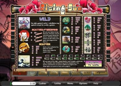game rules, payline diagrams, free spins, wild, scatter and slot symbols paytable