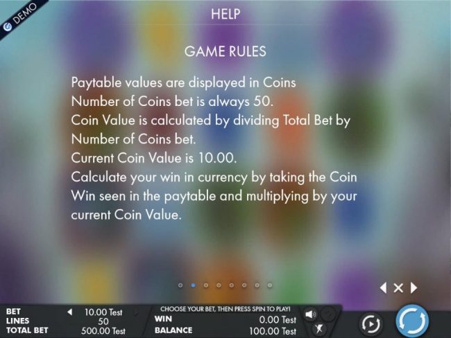 Paytable values are displayed in coins. Number of coins bet is 50.