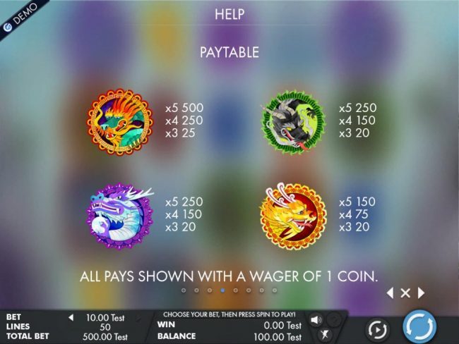 High value slot game symbols paytable featuring four unique dragons.