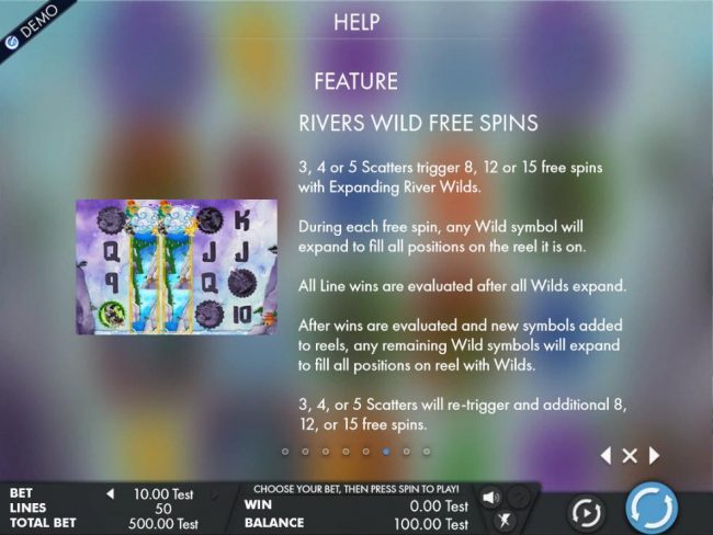 Rivers Wild Free Spins - 3 or more scatters triggers 8, 12 or 15 free spins with expanding river wilds