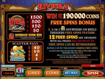 3 or more scatter symbols anywhere on reels triggers free spins feature with a 3x multiplier