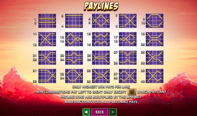 Payline Diagrams 1-40. Only highest win pays per line. Win combinations pay left to right only except bear claw scatters which pay any. Payline wins are multiplied by the line bet.