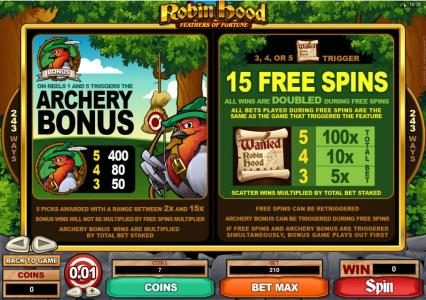 Archery Bonus Feature Paytable and Rules. Free Spin Rules