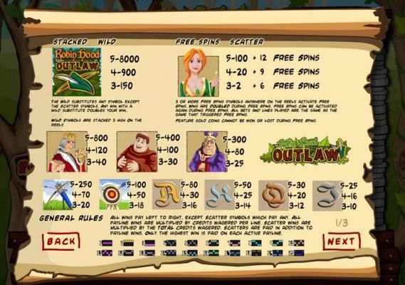 Slot game symbols paytable and payline diagrams 1-20. The wild is represented by the Robin Hood Outlaw game logo and is the highest value symbol on the game board. A five of a kind pays 8,000 coins.