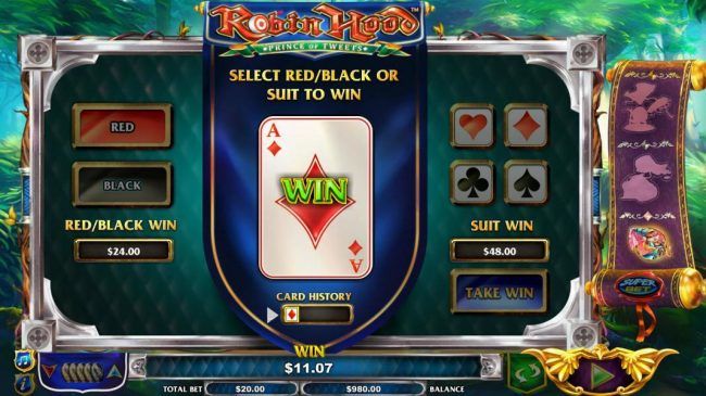 Gamble Feature is available after any winning spins. Select Red/Black or Suit to win.