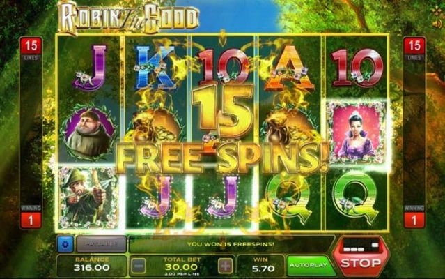 Robin Hood on reel and the Princess on reel 5 triggers 15 free spins.