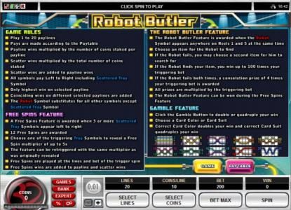 Game Rules, Free Spins Feature, The Robot Butler Feature and Gamble Feature Rules