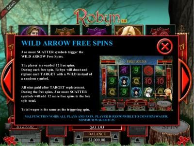 Wild Arrow Free Spins - 3 or more scatter symbols trigger the wild arrow free spins. The player is awarded 12 free spins.