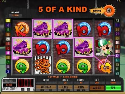 4 wilds combine for a 5 of a kind and trigger a 5000 coin big win payout