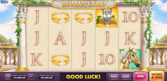 Main game board based on an ancient roman theme, featuring five reels and 20 paylines with a $200,000 max payout