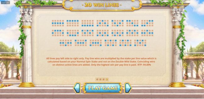 Payline Diagrams 1-20. The Return To Player (RTP) is 94.00%