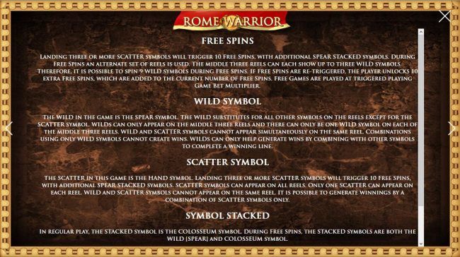 Free Spins, Wild Symbol, Scatter Symbol, Symbol Stacked and Gamble Feature Rules