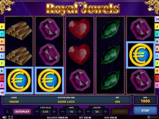 Scatters trigger a 1000 coin payout and trigger the free games feature.