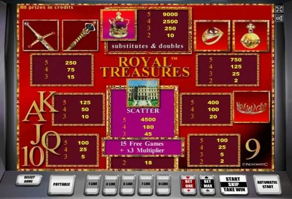 Slot game symbols paytable featuring crown jewels inspired icons.