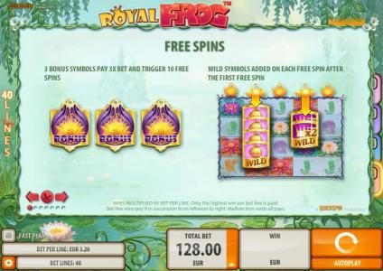 Free Spins - 3 bonus symbols pay 3x bet and trigger 10 free spins. Wild symbols added on each free spin after the first free spin.