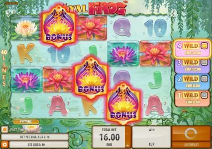 Free Spins Bonus feature triggered by three scattered bonus symbols on reels 2, 3 and 4.