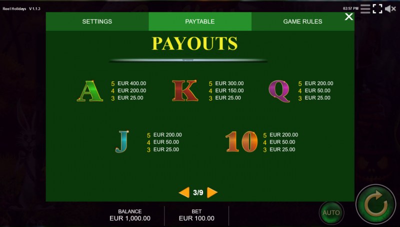 Paytable - Low Value Symbols