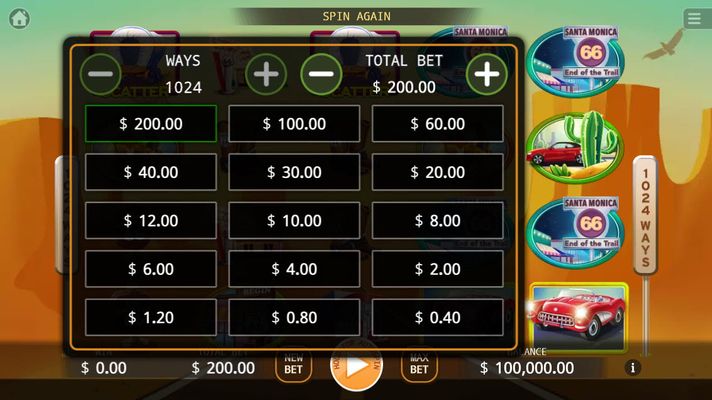 Route 66 :: Available Betting Options