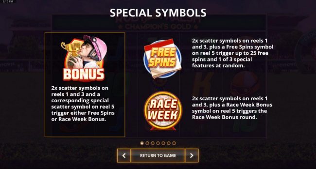 Special Symbols - Bonus, Free Spins and Race Week