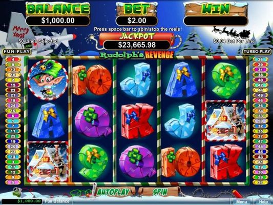 A Christmas holiday themed main game board featuring five reels and 50 paylines with a progreesive jackpot max payout