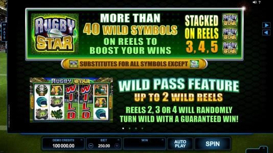 Wild symbol paytable and Wild Pass feature - up to two wild reels. Reels 2, 3 and 4 will randomly turn wild with a guaranteed win!