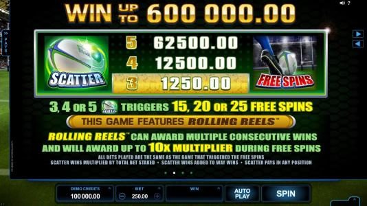 Scatter symbol paytable. 3, 4 or 5 scatter symbols triggers 15, 20 or 25 free spins. Rolling reels can award multiple consecutive wins and will award up to 10x multiplier during free spins.