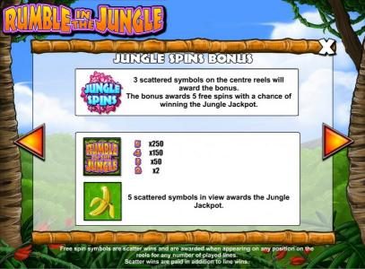 Jungle Spin Bonus - three scattered symbols on centre reels will award the bonus. The bonus awards five free spins with a chance of winning the Jungle Jackpot