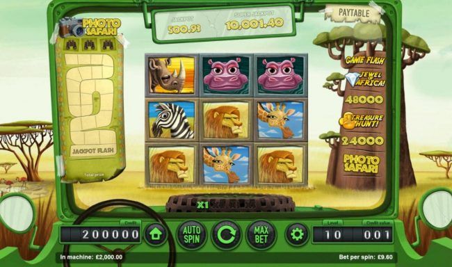 An amazing wildlife themed main game board featuring nine reels and 1 payline with a progressive jackpot max payout