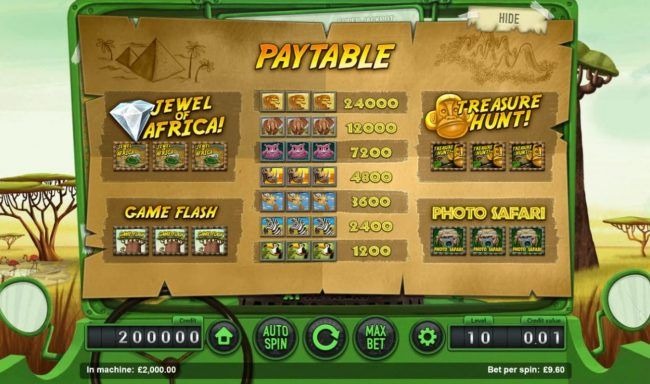 Slot game symbols paytable featuring amazing wildlife inspired icons.