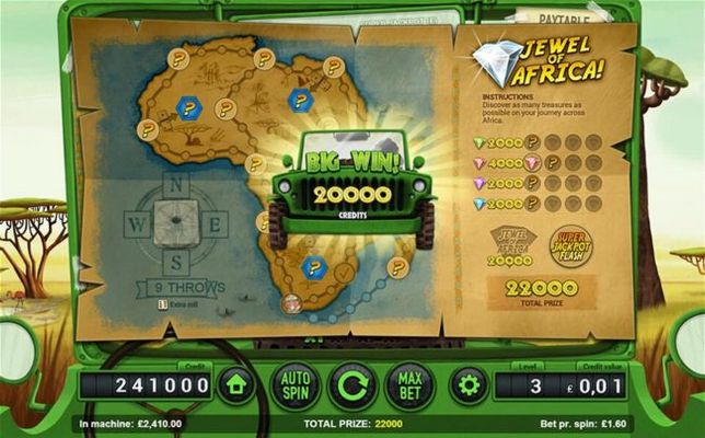 Jewel of Africa Bonus Game Board - Discover as many treasures as possible on your journey across Africa.