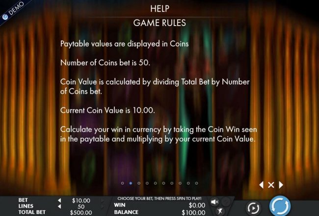 Paytable values are displayed in coins. Number of coins bet is 50.