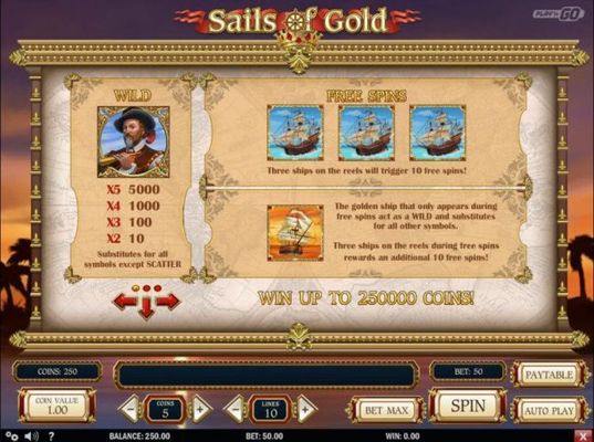 Wild substitutes for all symbols except scatter. Three ships on the reels will trigger 10 free spins!
